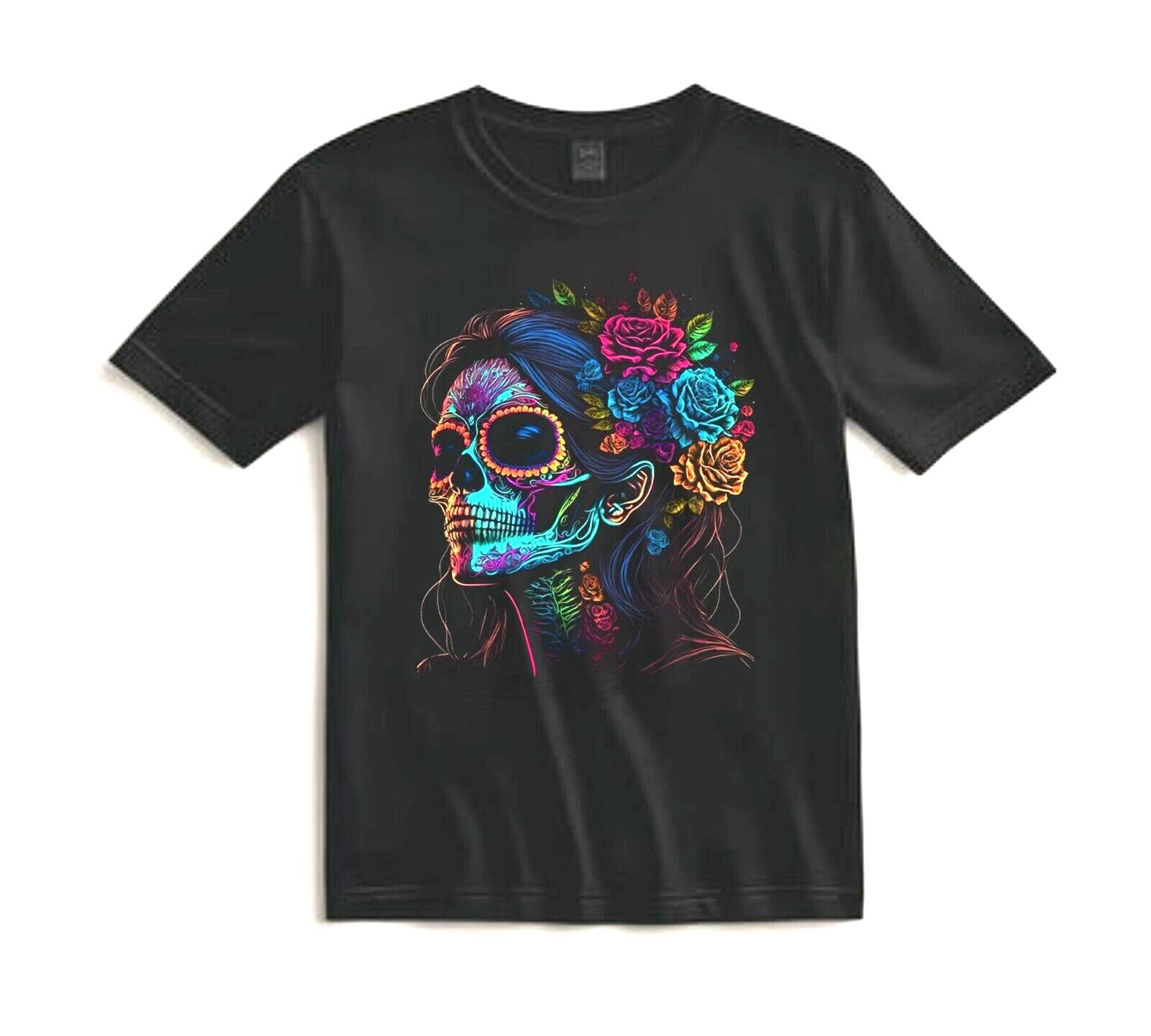 

Neon Sugar Skull Shirt Día de los Muertos Festival Art Tee t Shirt Gift Unisex M