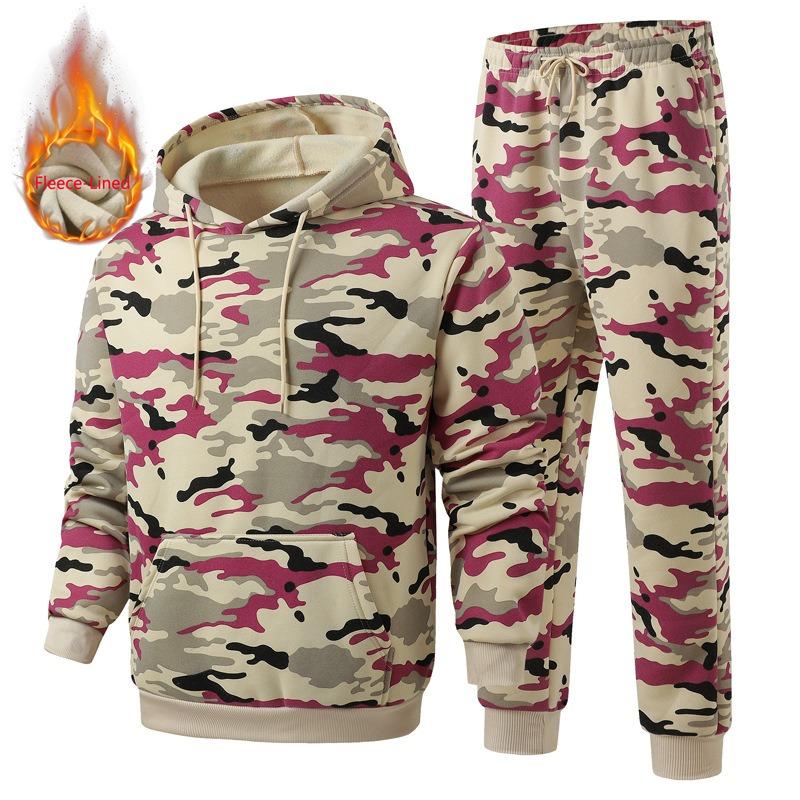 Men's Winter Camo Print Hooded Sweatshirt Sweatpants Warm Outfit