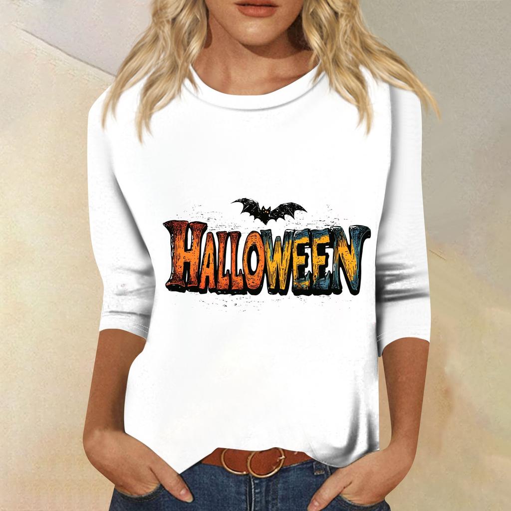 Women's Fashion Casual Round Neck Three-quarter Sleeve Halloween Printed T-shirt Top