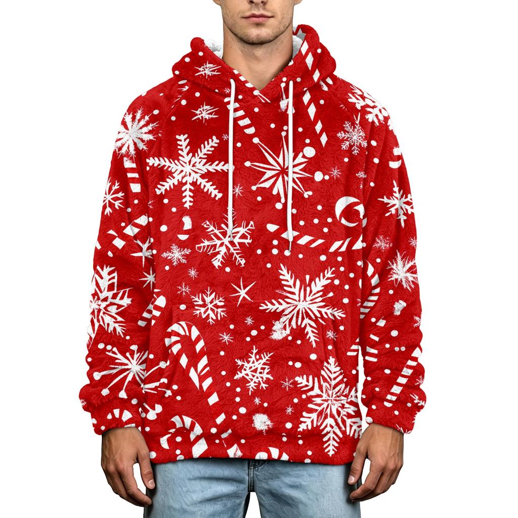 Men's Christmas Print Flannel Hoodie Plus Size Casual Hooded Sweatshirt for Fall and Winter