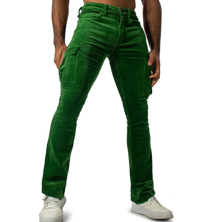 Men's European and American jogging corduroy solid color casual breathable street fashion multi-pocket slim-fit elastic overalls