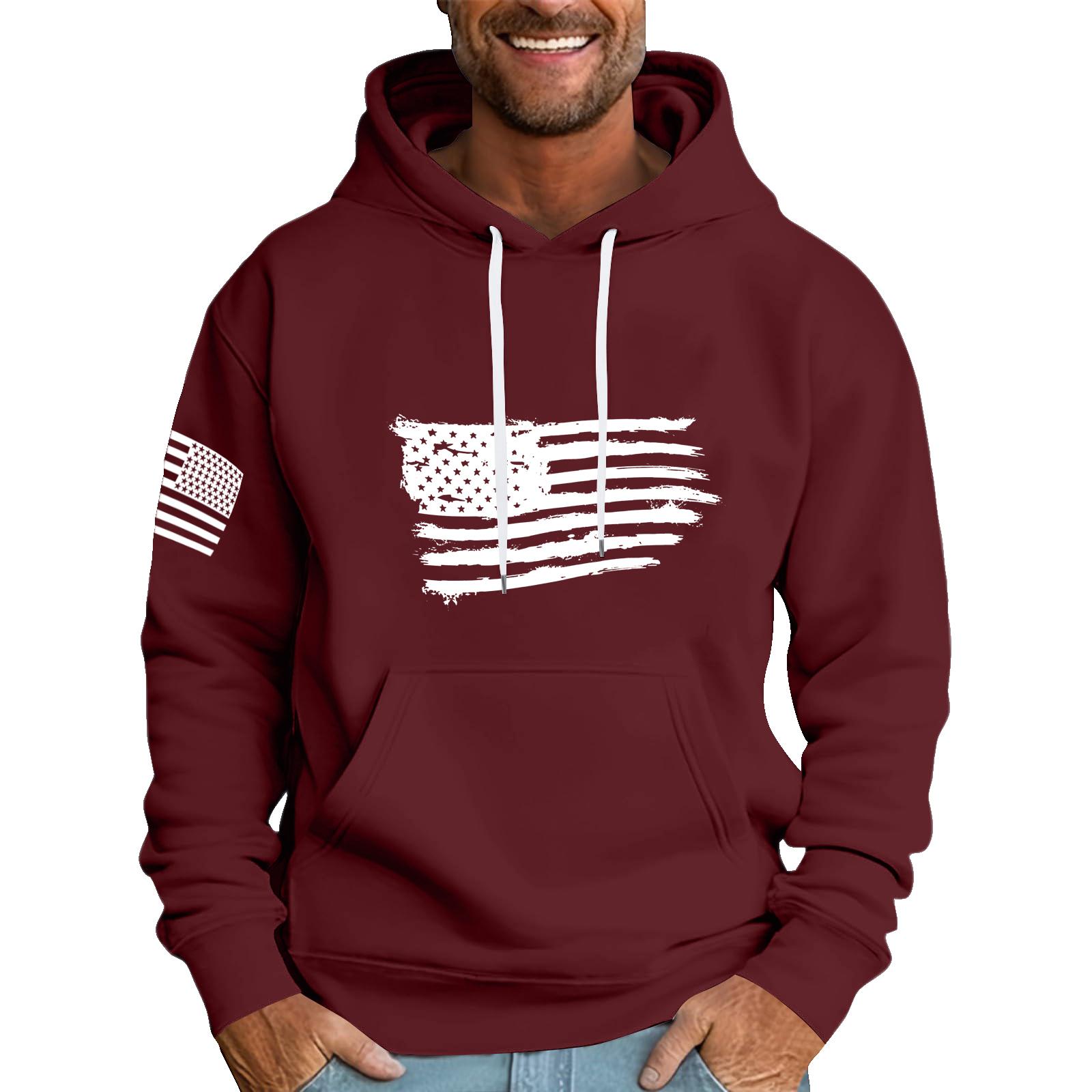 

Мужская свободная толстовка с капюшоном и принтом флага, мужская повседневная модная спортивная толстовка L винный