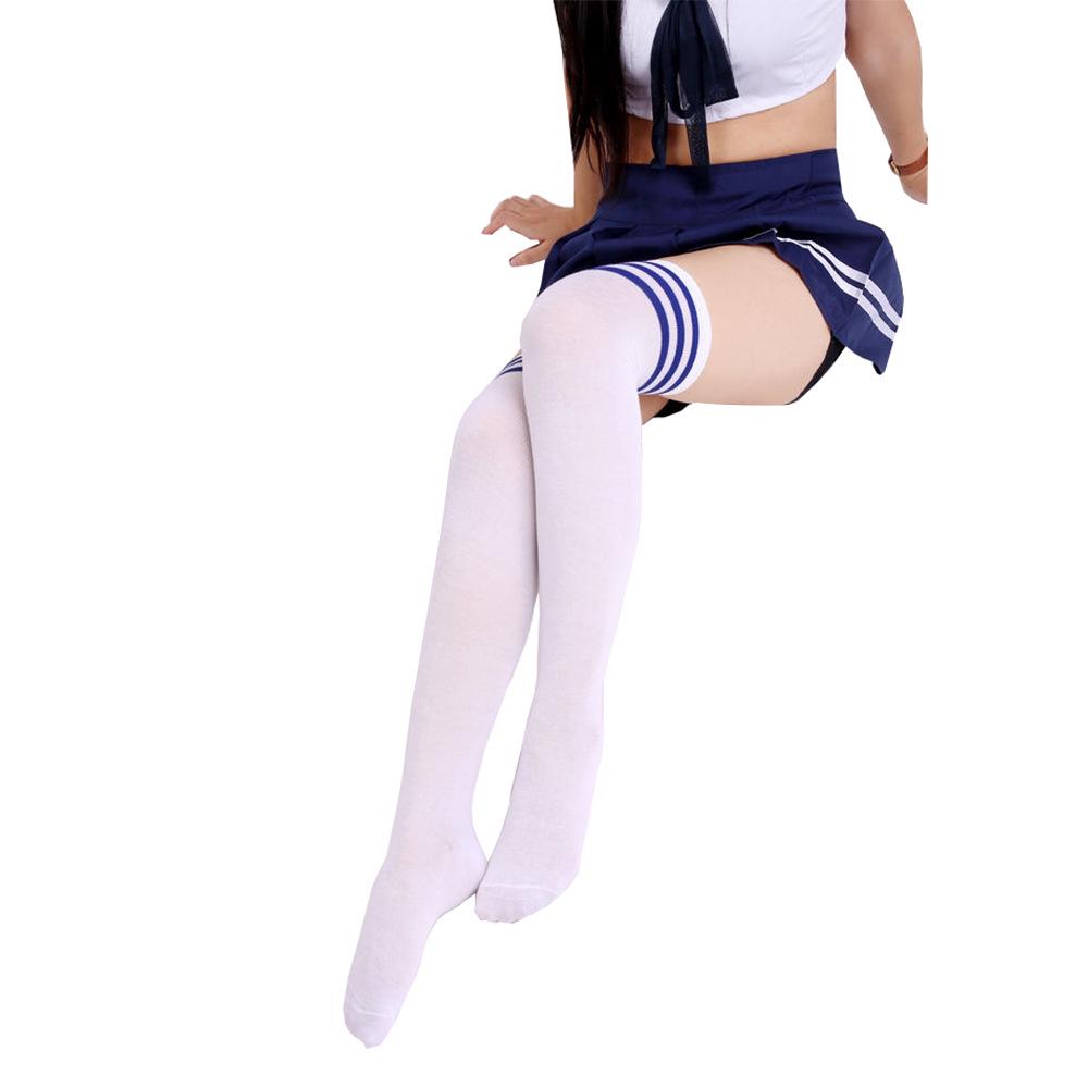Japanese-style college-style thick cotton black and white striped over-the-knee high socks with three stripes for students