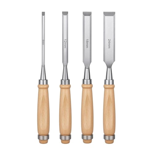 Set of 4 Chisels for Carpentry, 6/12/18/24mm, Chrome Vanadium Steel, Excellent Sharpness, Professional Grade