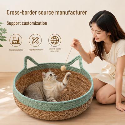 All-Season Woven Cat Bed: Cool Rattan Basket, Washable Grass Nest, Scratching Board, Pet Sleeping House