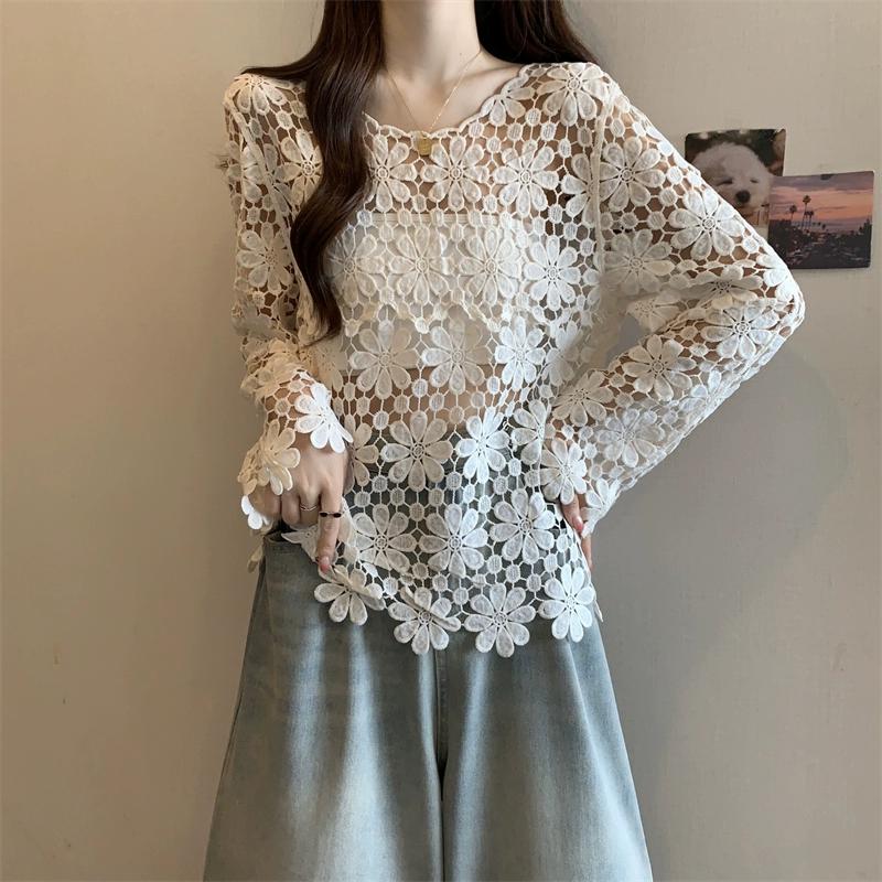 DIMANAF 2025 New Summer Women Hollow Out Holiday T-Shirt Basic Lace Fashion Tops Lace Tees Casual Loose Tees