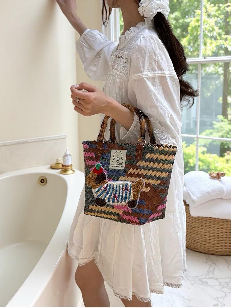 Dackel Welpe Gewebte Handtasche mit Bambusgriff Vintage Strandtasche
