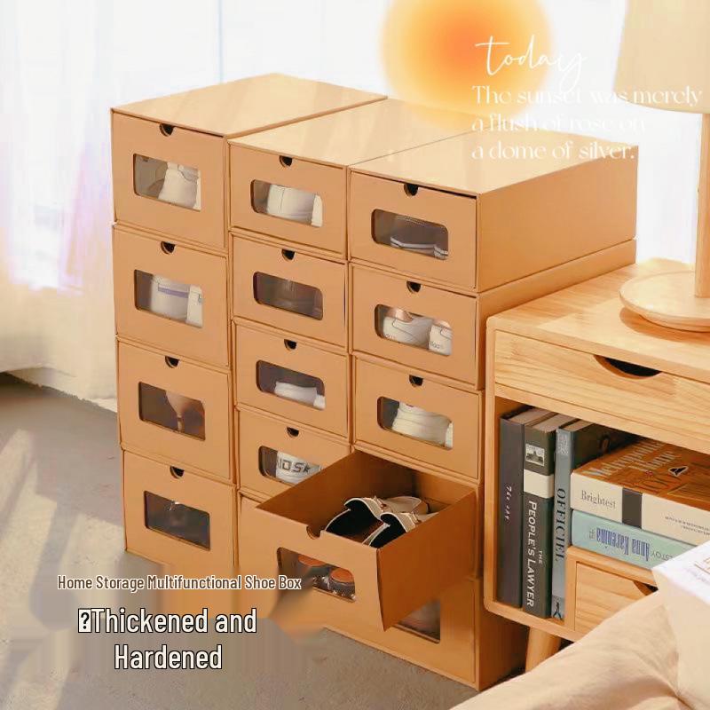 Thickened Kraft Paper Shoe Storage Drawer - Transparent, Dustproof, Corrugated Cardboard Box for Dorms & Homes