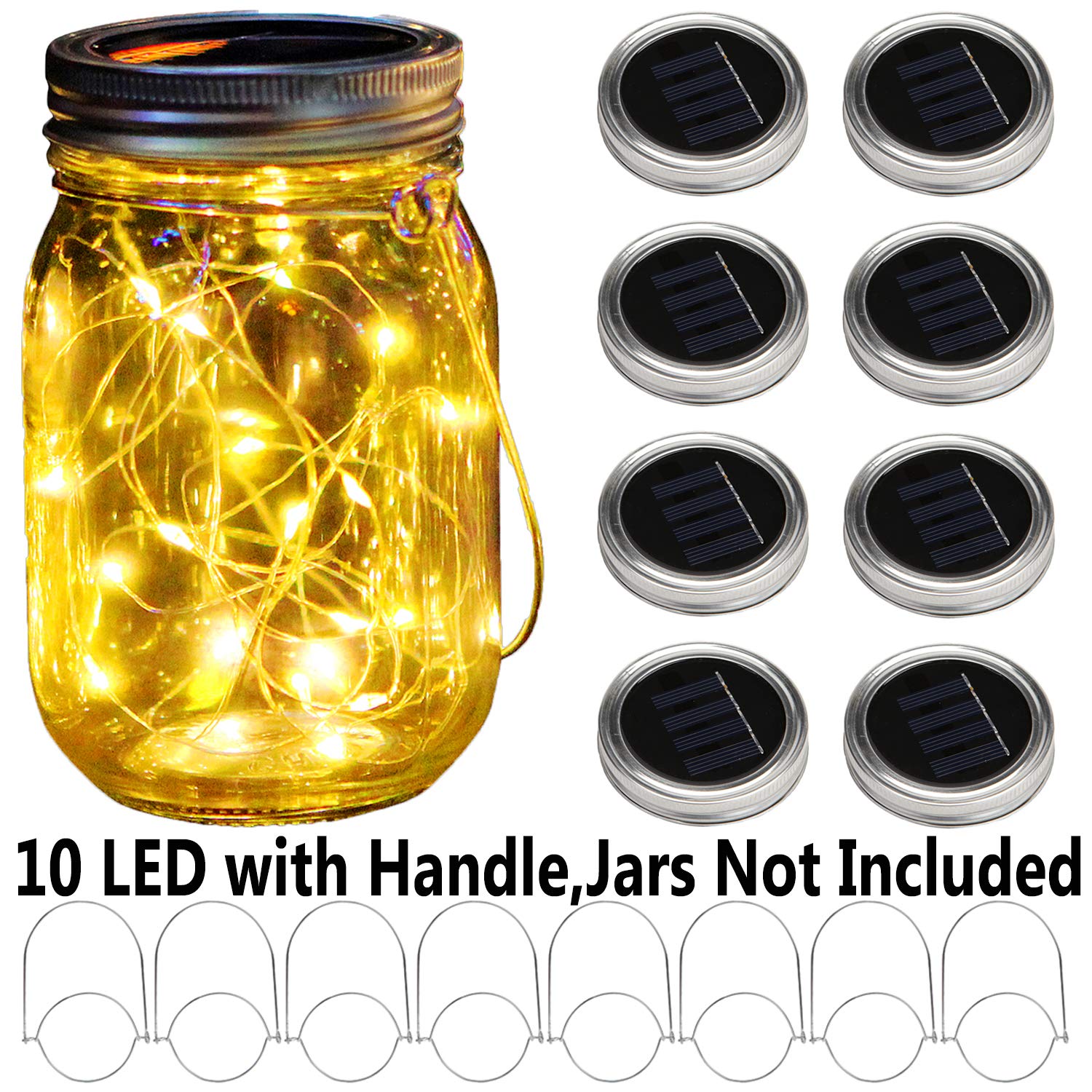

Solar Mason Jar Lights with 8 Handles 10 Led String Lights Fairy Solar Lights Lids Jar Decoration Garden Party Christmas Decor теплим білим кольором