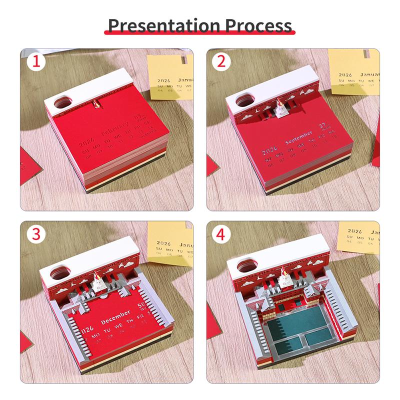 Time Piece Calendar 2026 Desk Calendar With Led Light 3D Tear-Away Calendar Paper Carving Art Memo Pad Notepad Gift Christmas