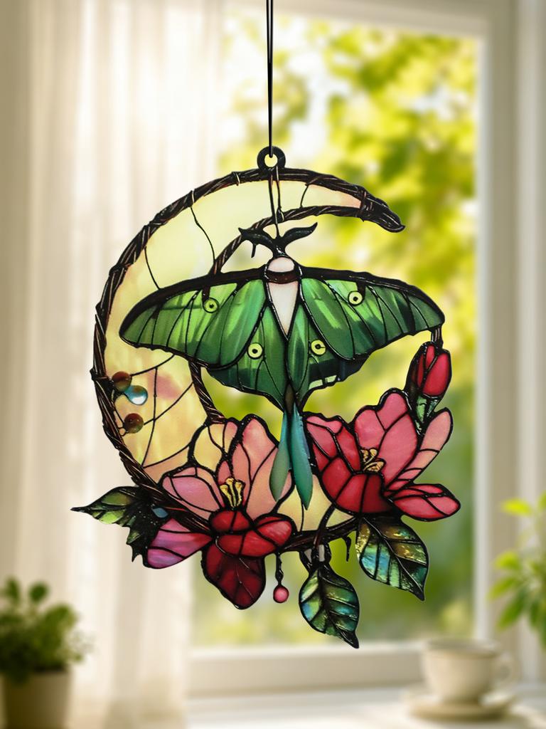 Boho Luna Moth & Crescent Moon Suncatcher Acrylic Hanging Decor Floral Window Wall Art for Home Bedroom,Living Room,Patio & Gift