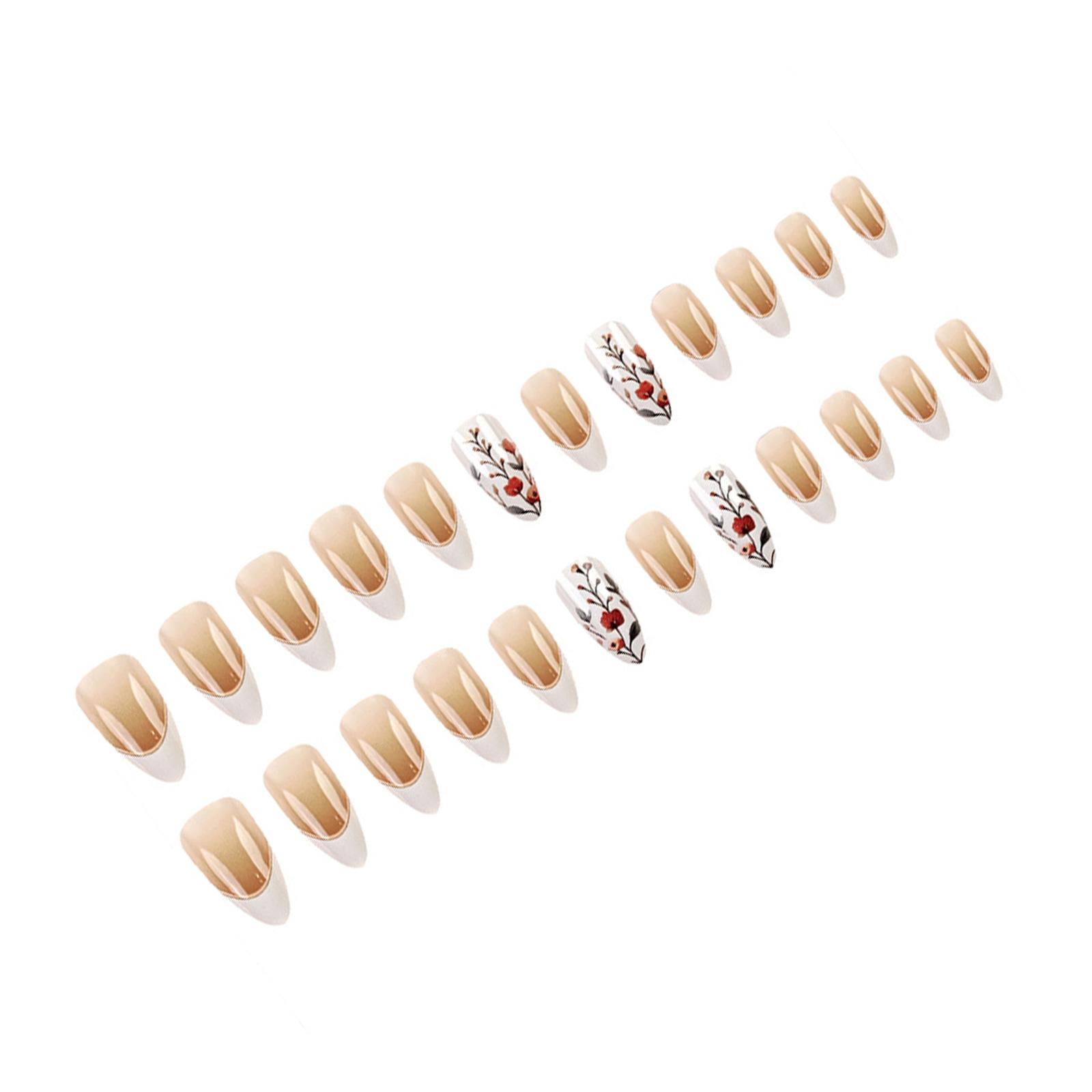 

24 шт. Белые накладные ногти с французским кончиком, миндалевидные, с цветами, акриловые, простые, с полным покрытием, самоклеящиеся