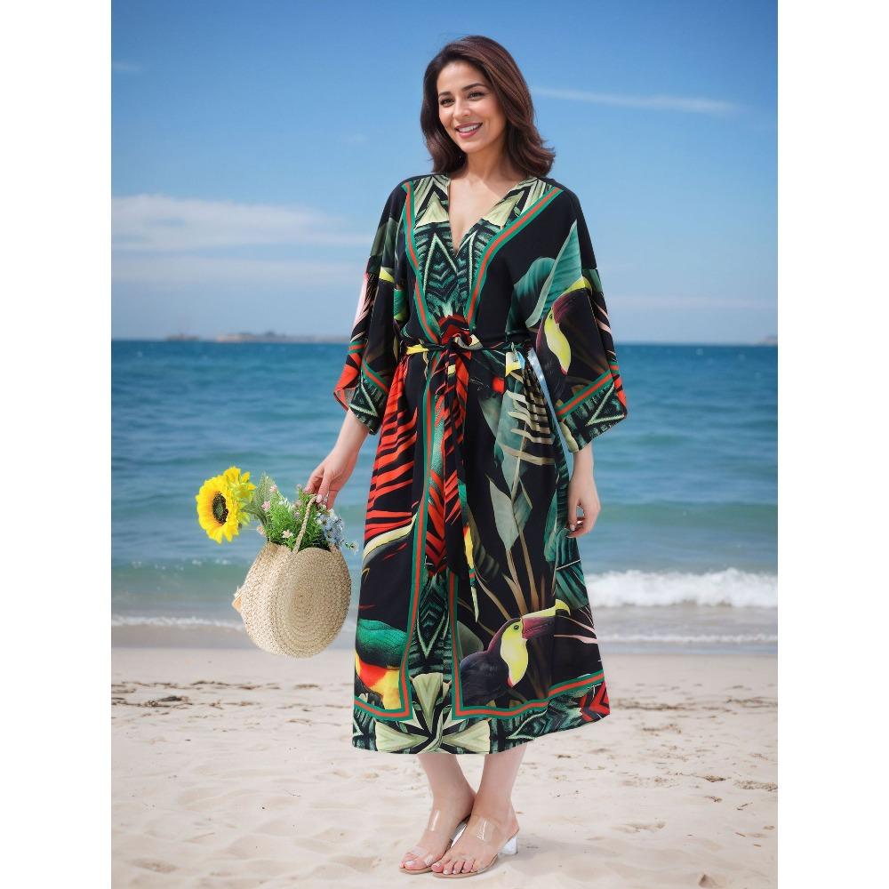 Plus Size Boho Kaftan Dress, Women's Plus Maxi Cover Up Dress
