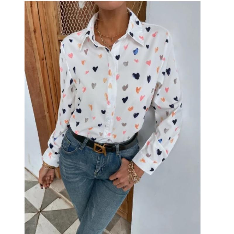 Damen Bluse Modisch Bedrucktes Langarmshirt Schmetterling Bedrucktes Reversshirt
