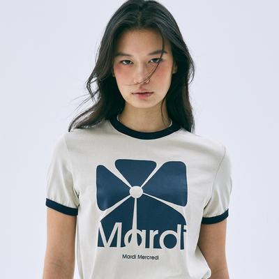 [mardimercredi] RINGER TSHIRT BIG SQUARE FLOWER_BEIGE NAVY