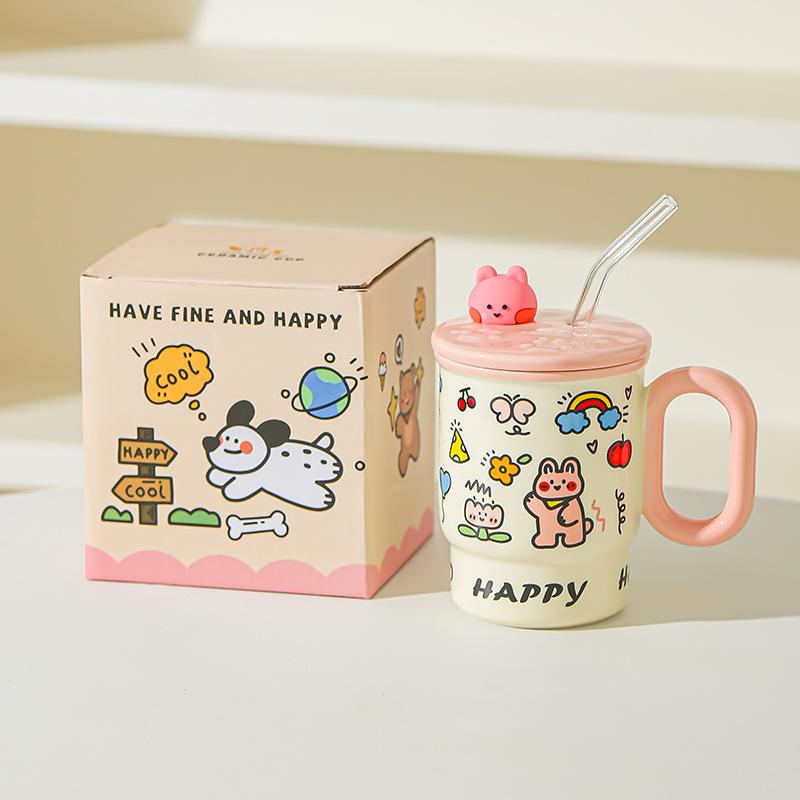 Cute Mug Boy and Girl Birthday Gift High Value Water Cup Creative Straw Cup Couple Cup Student Desktop Water Cup