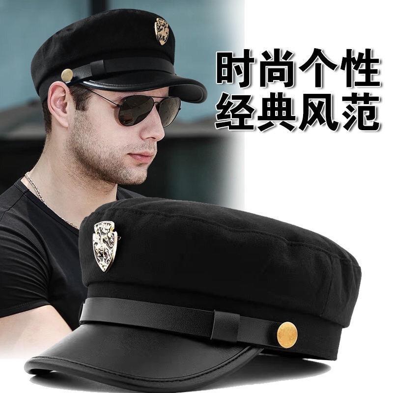 Retro youth hat big head circumference captain hat middle-aged and elderly men's hat badge decoration flat top hat small size hat large brim