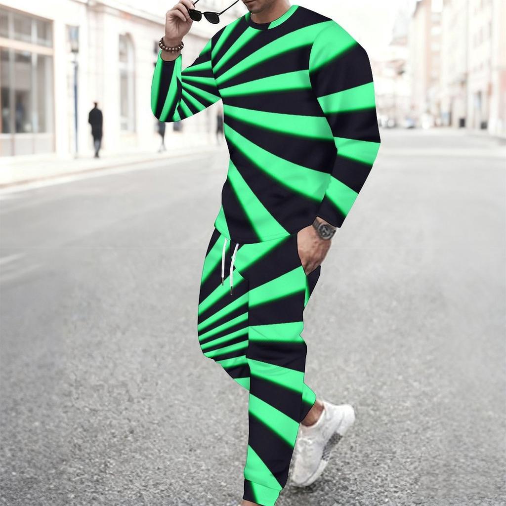 Men Retro Mosaic Hexagon Marble Texture Print Long Sleeve Sweatshirt Jogger Pants Two Piece Suit