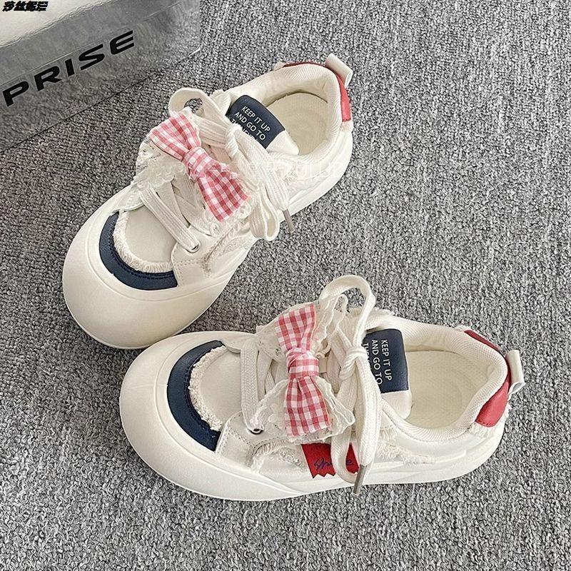 Bow Thick-soled Ugly Cute Big-headed Bread Shoes Women's Spring and Autumn New Versatile Little White Shoes Heightening Casual Board Shoes