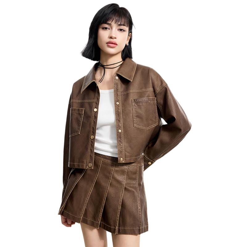 

Women s Loose Fit Faux Leather Lapel Jacket M