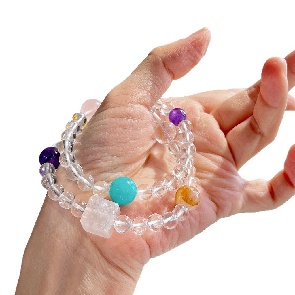 Natural High-Quality White Crystal Tianhe Stone Citrine Amethyst Multi-Circle Design Bracelet Bracelet.
