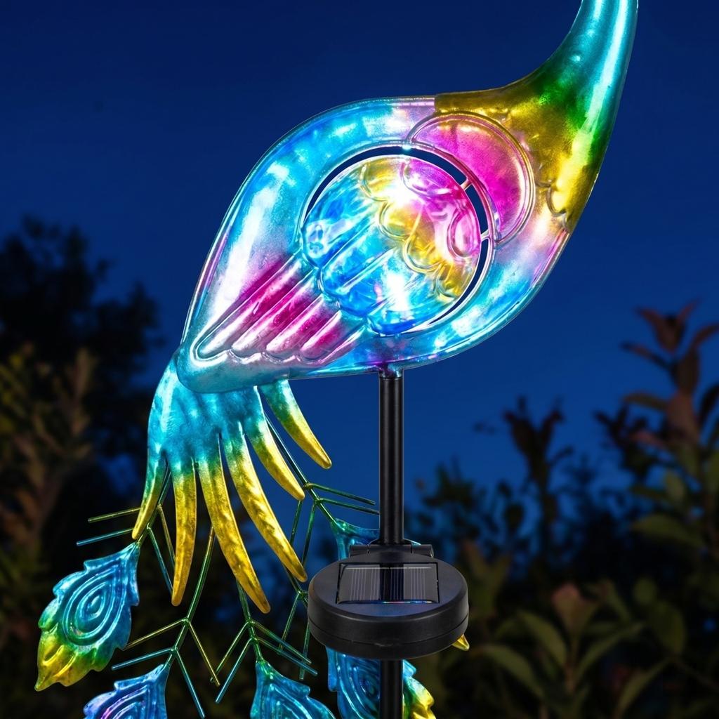 Solar Powered Outdoor Garden Light Decorative Peacock Stake Lamp with Metal Frame and LED Bulb for Yard Patio Lawn Pathway Lighting