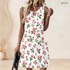 Women Plus Size White Sleeveless Round Neck Keyhole Ring Detail Ginkgo Leaf Printed A Line Dress