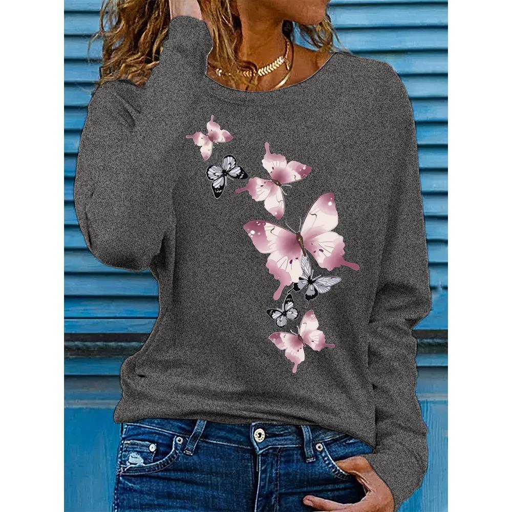 Spring and Autumn women's fashionable casual butterfly pattern printed round neck long sleeved T-shirt base shirt