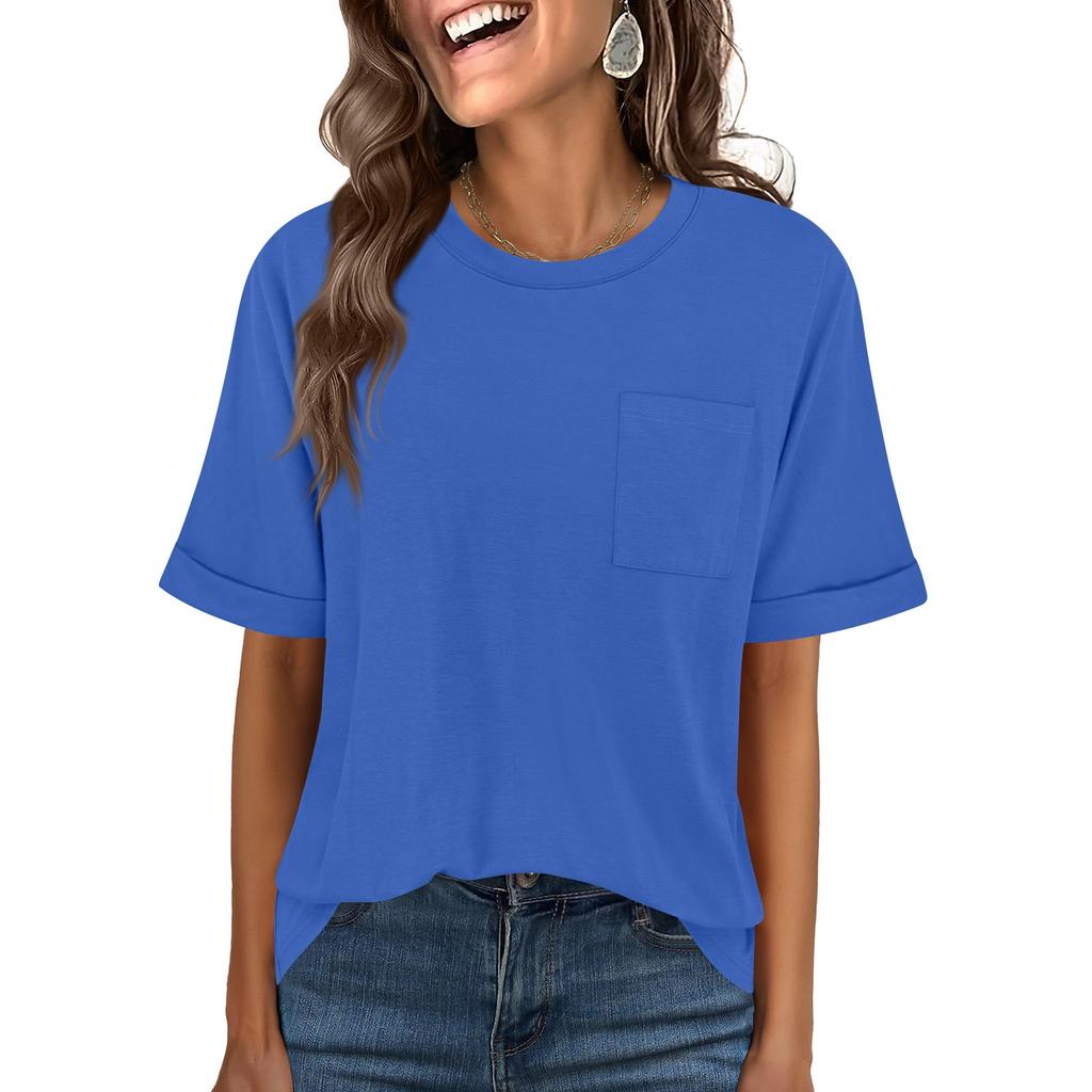 Women Oversized T Shirts Short Sleeve Summer Casual Loose Crewneck Basic Tee with Front Pocket Top
