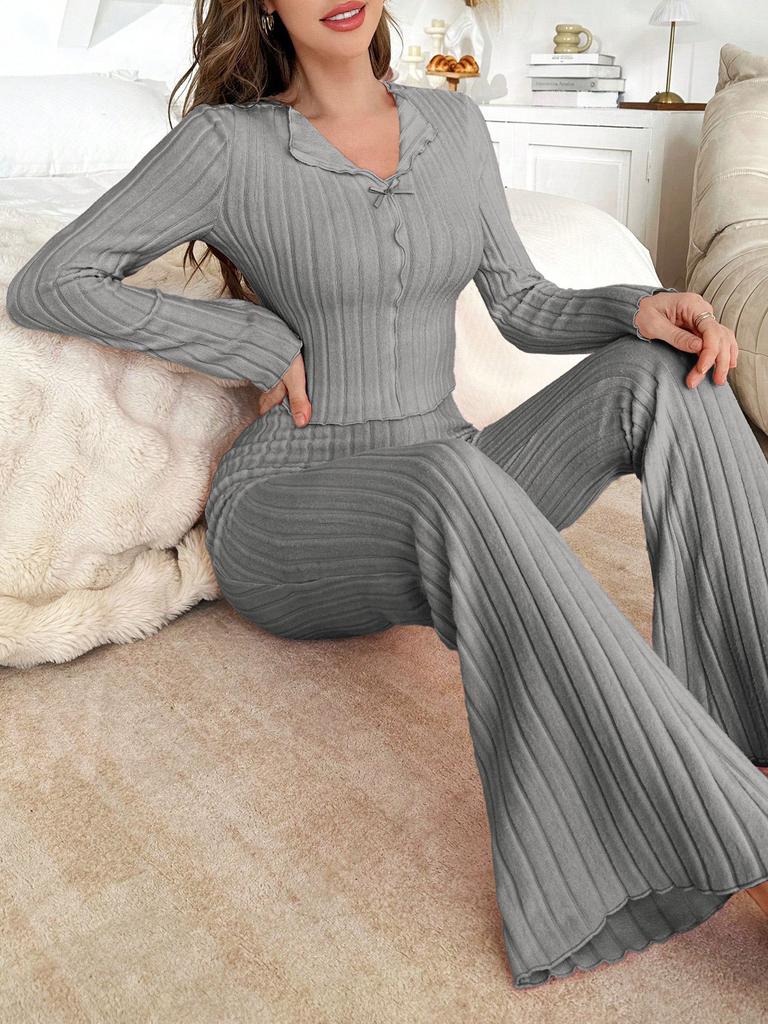 Women's Thickened Pajama Set Winter Long Sleeve Long Pants with Bow Tie Lapel Collar Home Loungewear Sleepwear
