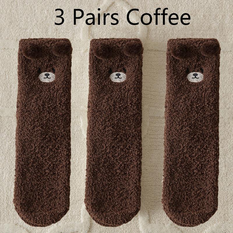 3 Pairs Winter Socks Women Warm Fluffy Socks Bear Cute Animal Coral Fleece Kawaii Fuzzy Socks Thicken Home Sleep Floor Socks Ins