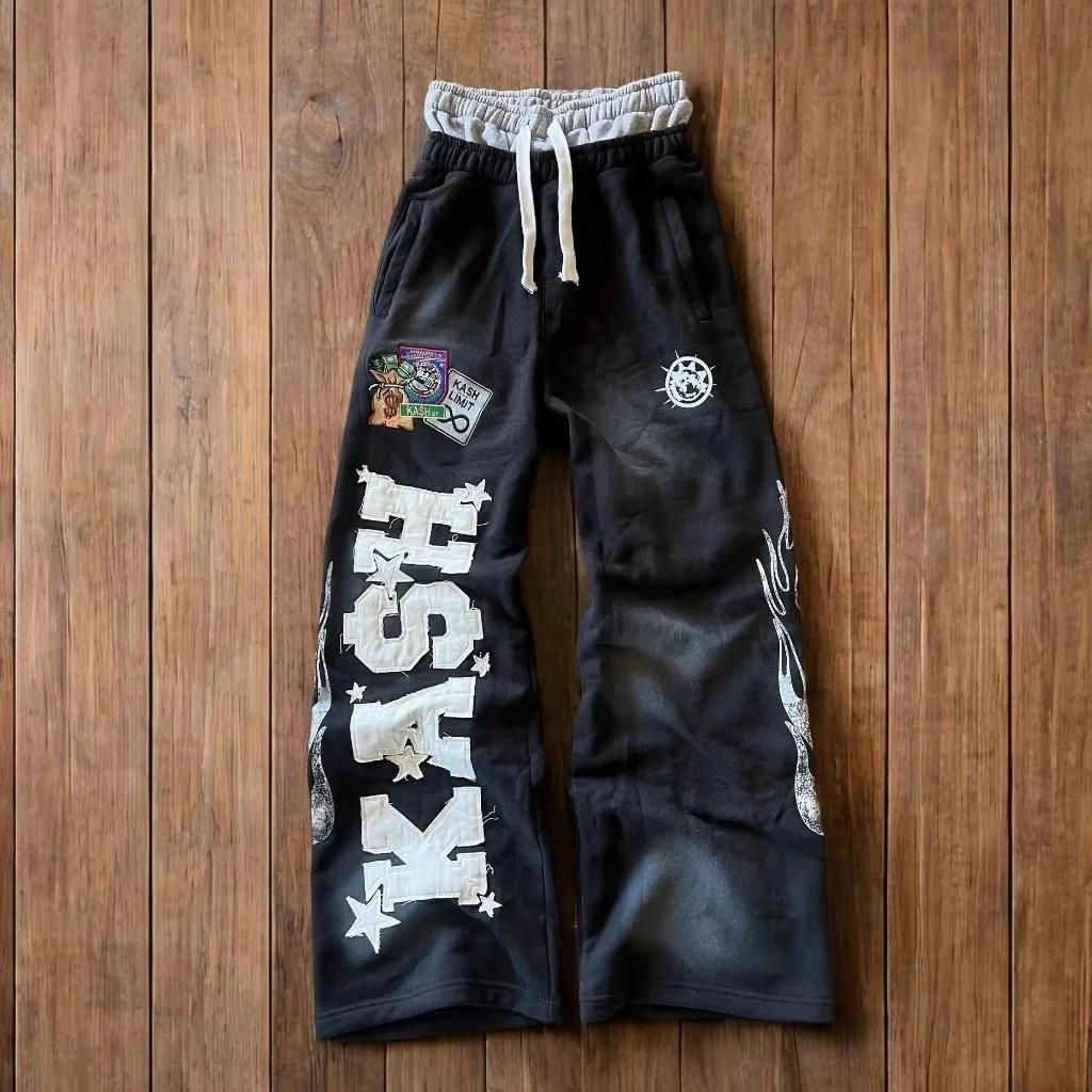 Hot Sale Y2K Hip Hop Baggy Wide Leg Pants Unisex Double Layer Waist Letter Patch Flame Print Streetwear Loose Trousers