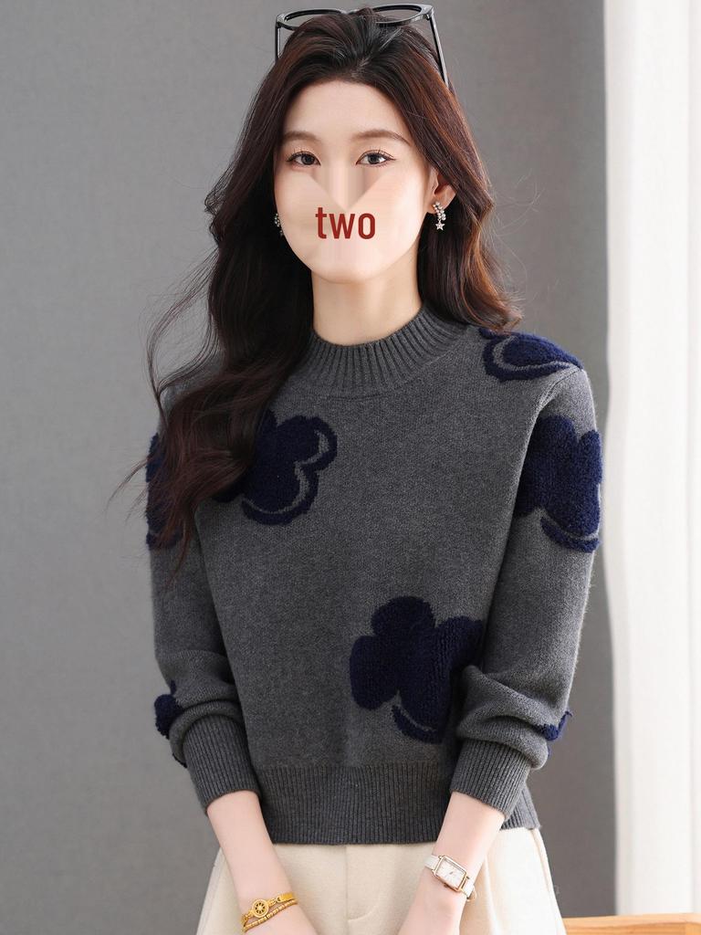 2025 Women's Colorblock Cashmere Wool Sweater: Round Neck, Jacquard Knit, Loose Fit, Versatile and Soft.