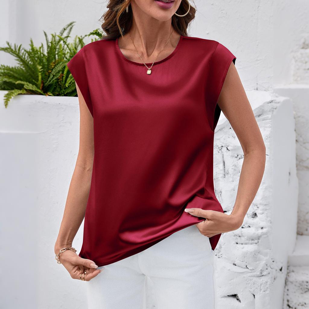 Women's Satin Blouse Summer Shirt Round Neck Tank Top Loose-Fitting Business Casual Top
