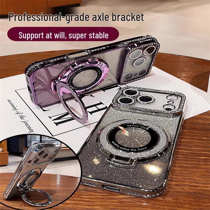 Rhinestone Glitter Magnetic Stand Case with Lens Film for iPhone 17 Pro Max, Drop-proof, Apple 16.