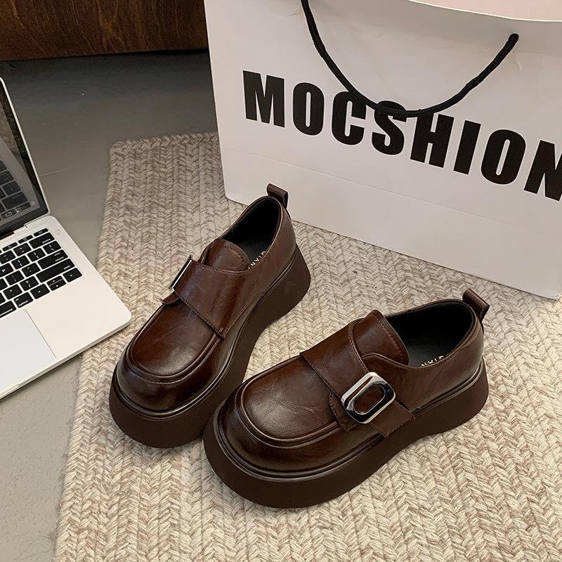 Platform leather loafers spring shallow mouth single shoes women's 2025 new women's shoes heightening black British style small leather shoes
