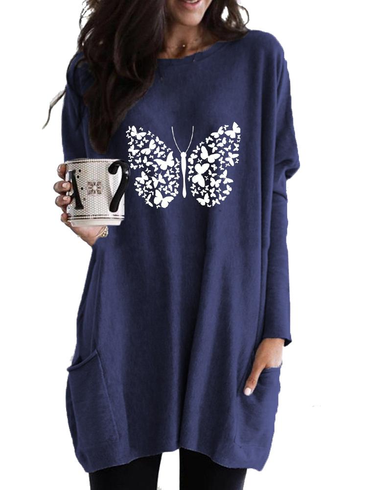 Women's Long Tunic with Pockets Loose Fit Fashion Printed Logn Sleeve Top Women's Sweatshirt