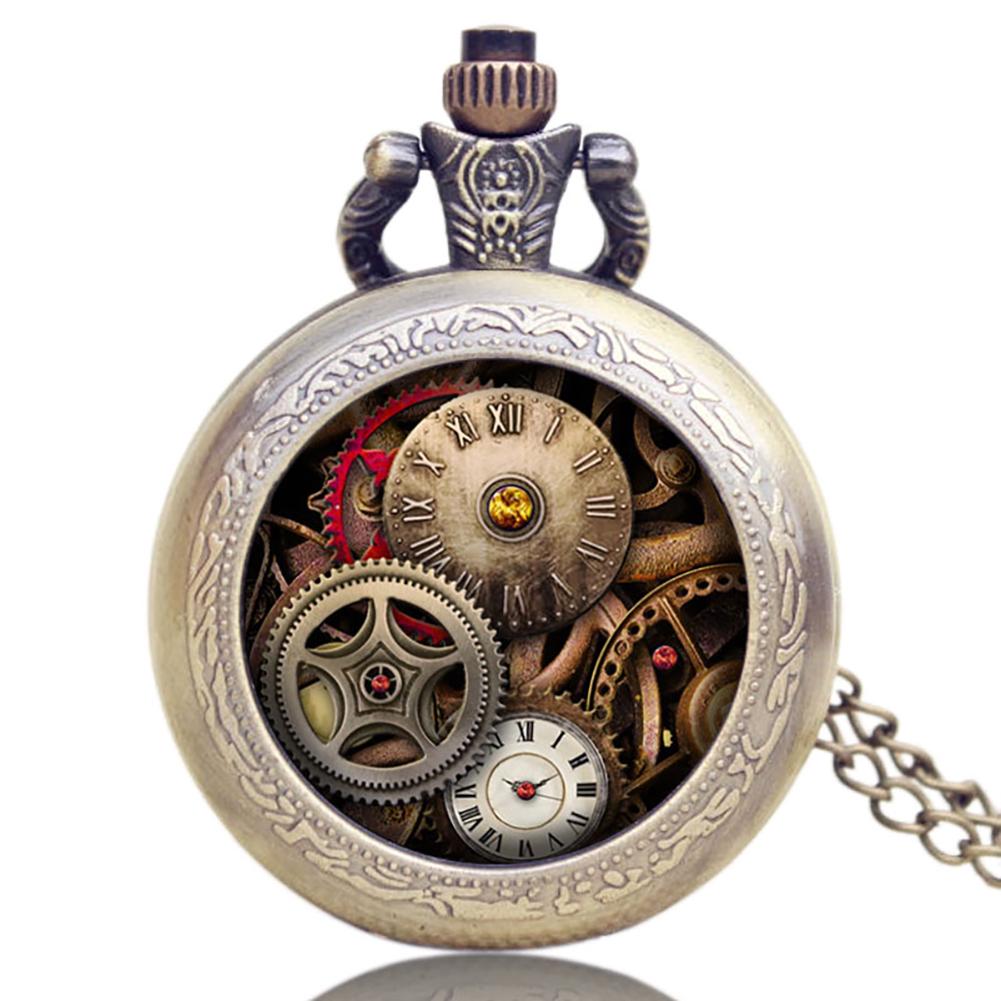 Top Gifts Steampunk Wheel Gear Pendant Pocket Watch Hour Clock Vintage Quartz Analog Round Dial Men Women Necklace Chain Watches