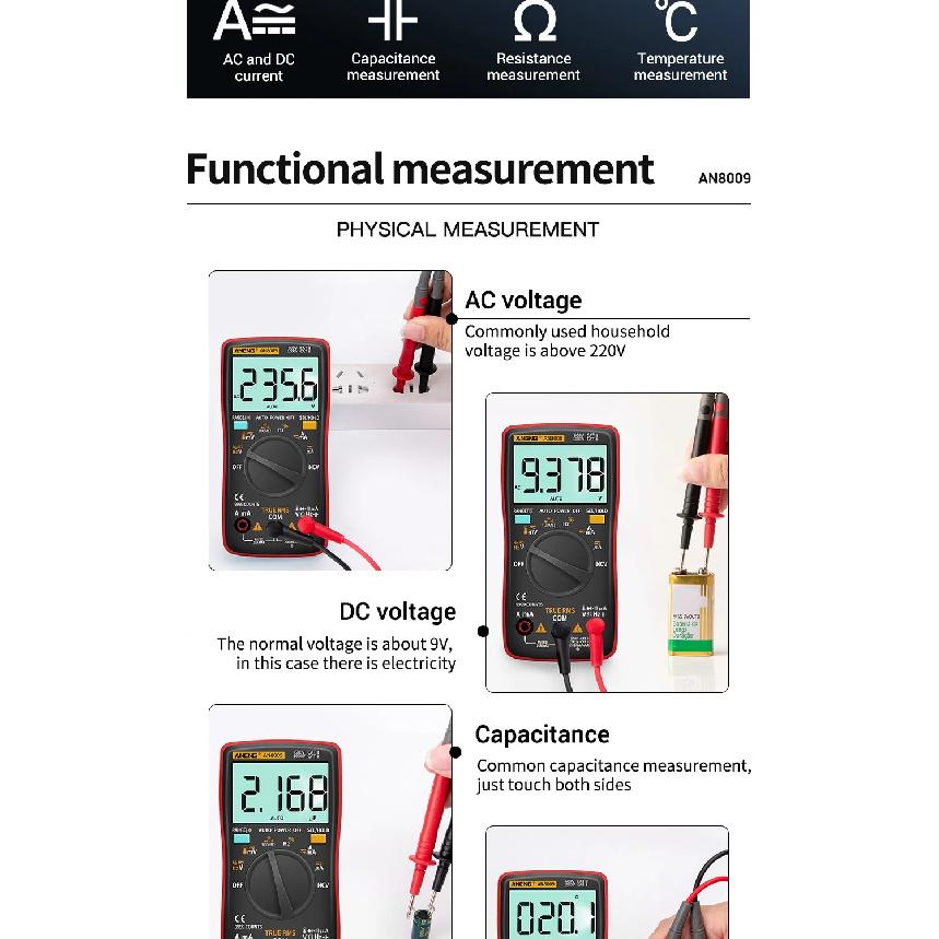 Digital Multimeter Transistor Testers Capacitor True-RMS Tester ANENG AN8009 Automotive Electrical Capacitance Meter Temp Diode