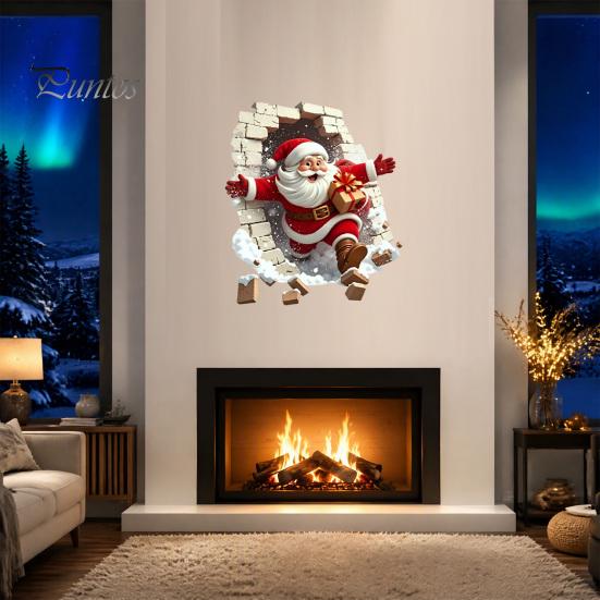 Santa Claus Decoration Decal Broken Wall Sticker, Christmas Decal, Seasonal Decorations Removable Mural for Living Room Bedroom Holiday Party