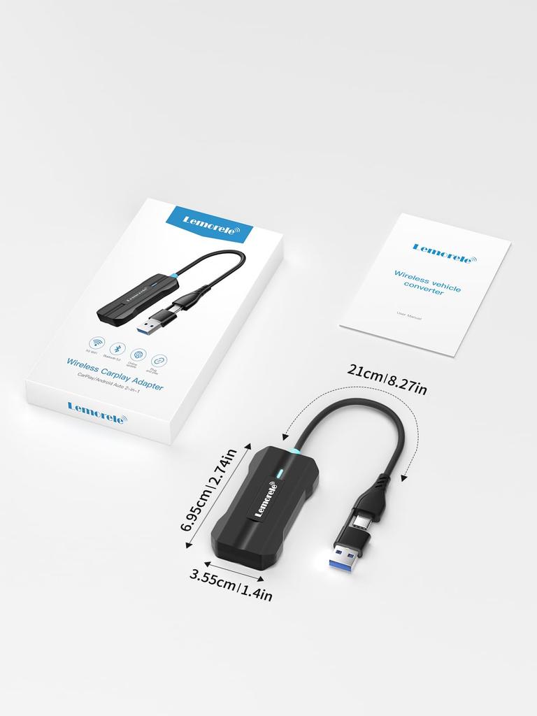 Lemorele Wireless CarPlay Android Auto Integrated 2025 Converts wired CarPlay and Android Auto to wireless Supports and No cables Automatic connection