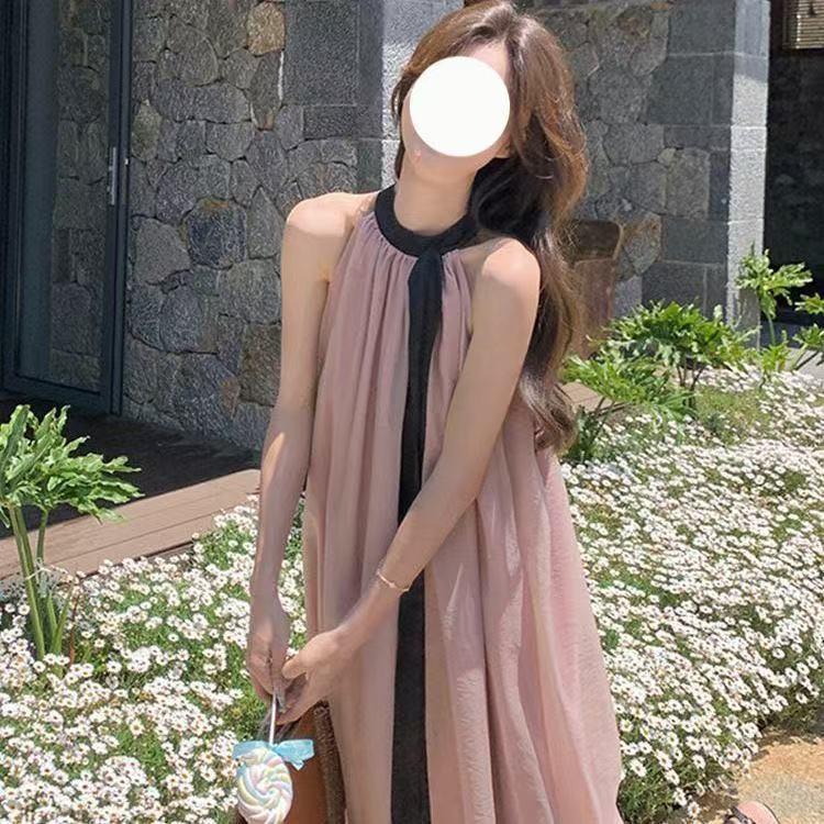 Elegant French Style Sleeveless Tie-Waist Dress for Birthday or Beach Vacation