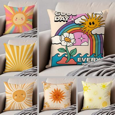 Sun Illustration Cushion Cover Linen Pillow Case Soft Breathable Protective Couch Room Decoration