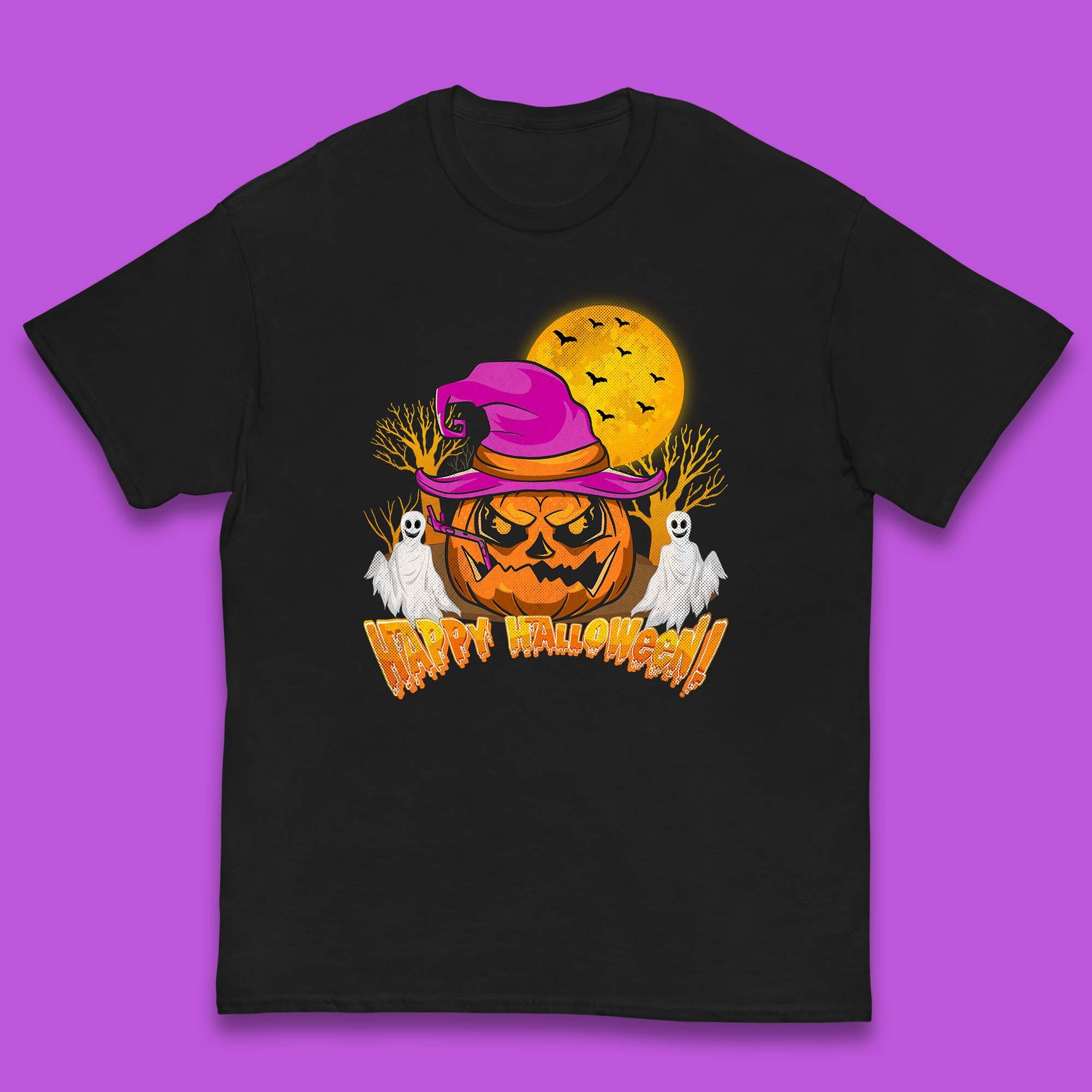 

Happy Halloween Pumpkin Witch Hat Jack-o -lantern With Full Moon Flying Bats Horror Scary Boo Ghost Kids T Shirt 150