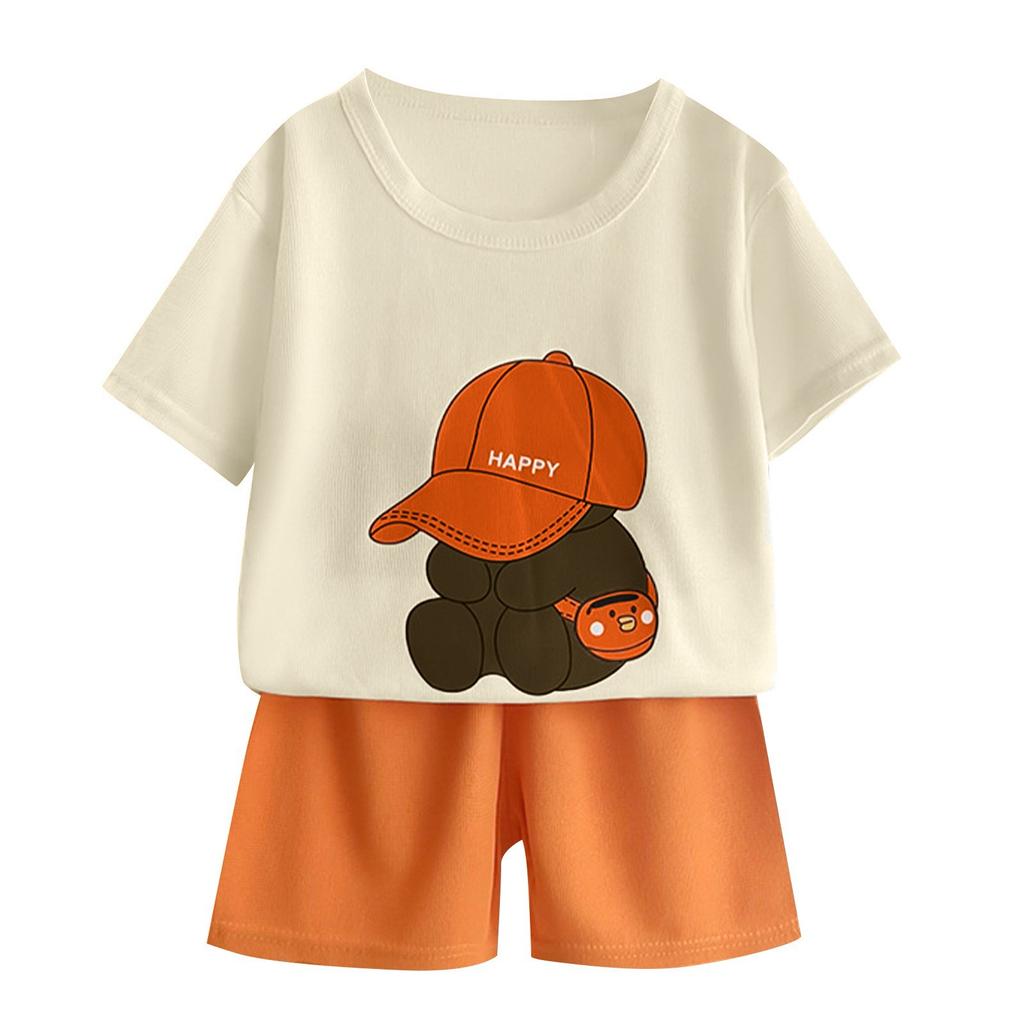 Children Boys 2PCS Tracksuits Cotton Bear Printed Short Sleeves+shorts Kids Boys Outfits Loose Round Collar Little Boys Tee Suit