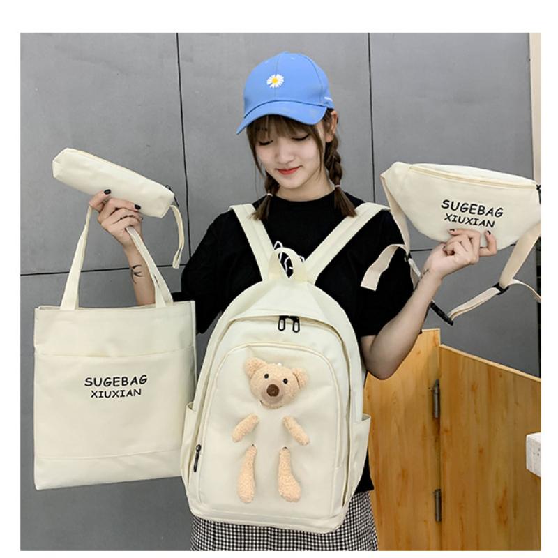 Female Junior High School College Students Four-piece School Bags Korean Version Harajuku Style Backpack Ins Knapsack with Bumbag Pen Bag