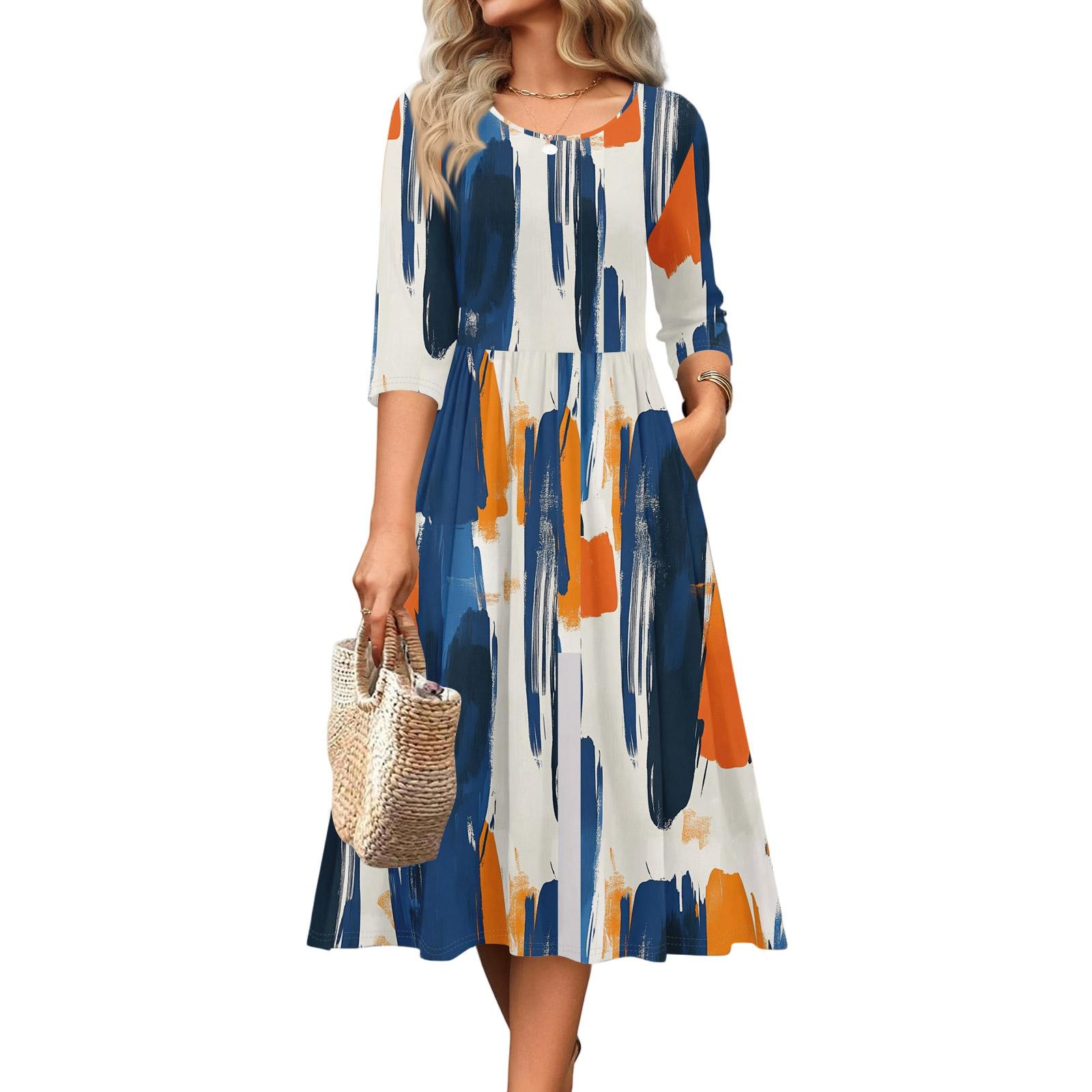 Womens Midi Dress A Line Midi Dress with 3/4 Sleeve Dress for Women Midi Dresses for Women Formal Midi Wedding Guest Dresses XXL
