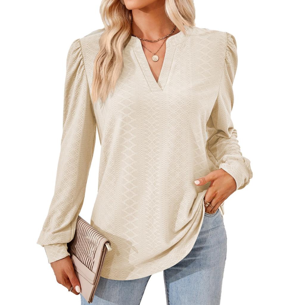 Women's Solid Color V-neck Jacquard Long Sleeve Loose T-shirt Top, Autumn Winter Casual Wear for Europe America Cross-border