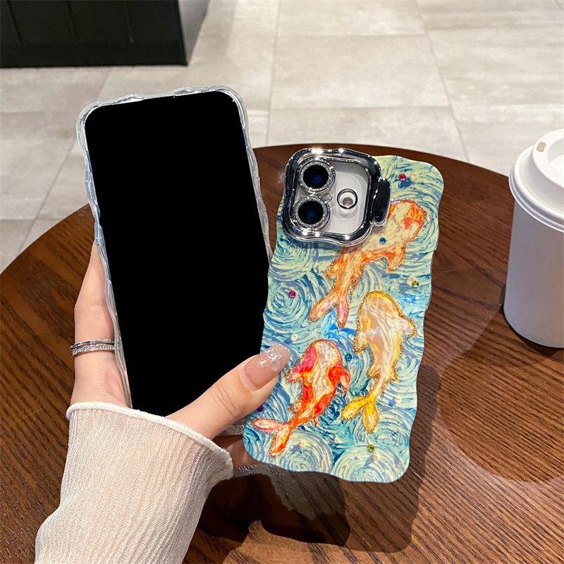 Luxury Fashion Flash Powder Lens Film Koi Diamond Phone Case for iPhone 16 Pro Max 15 14 Plus 13 12 11 Invisible Stand Full Cover Protective Cover