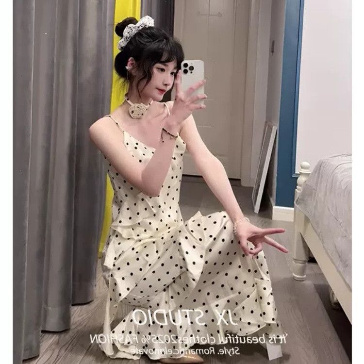 New French sexy temperament ruffle leaf edge splicing polka dot suspender dress women's summer pure desire spice girl long dress tide